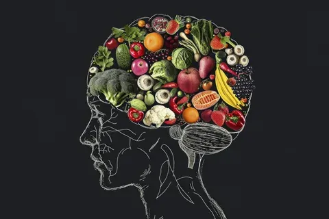 Conceptual illustration of a head made of fresh produce representing how nutrition impacts appearance and brain health.